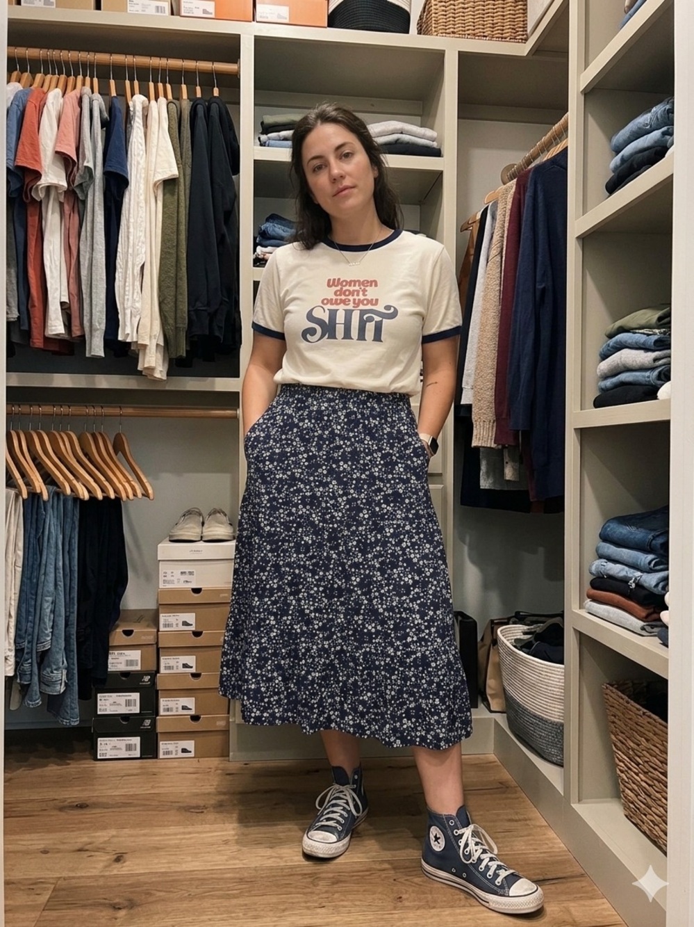 2pc. Navy Floral Midi Skirt - graphic T